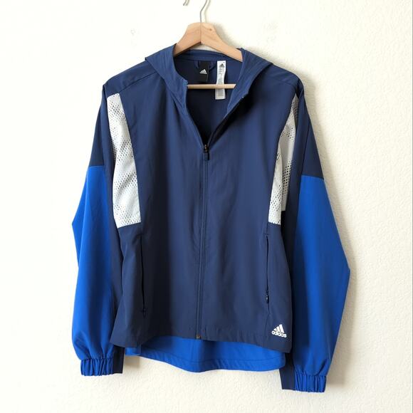 adidas Womens Track Windbreaker Wind Jacket Blue Color Block Size Large Hooded - Picture 4 of 5